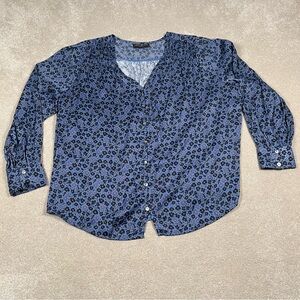 Lane Bryant LS Blouse Blue Floral Silky Polyester Button Front‎ Women's 14/16
